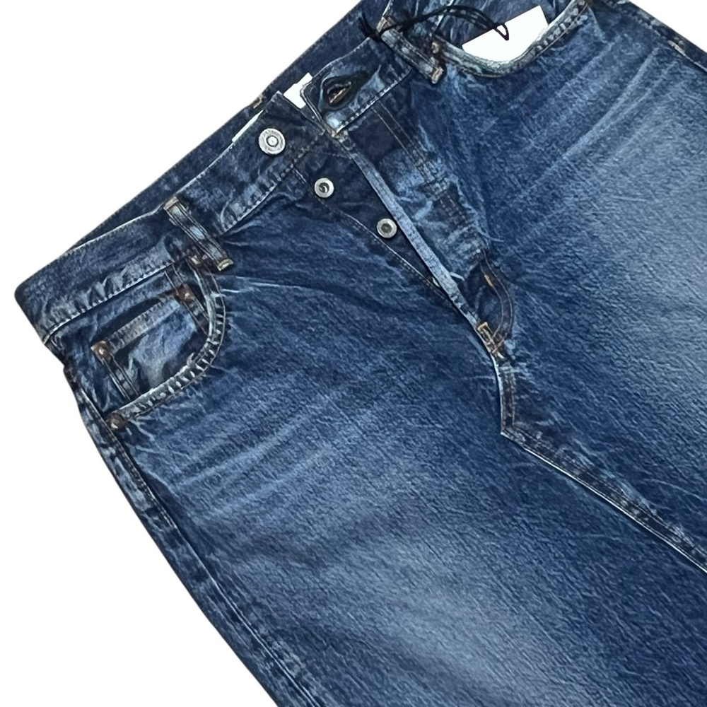 Moussy Vintage Denim Skirt M Button Fly Distressed Y2K Midi Raw Edge Japan - Picture 2 of 14